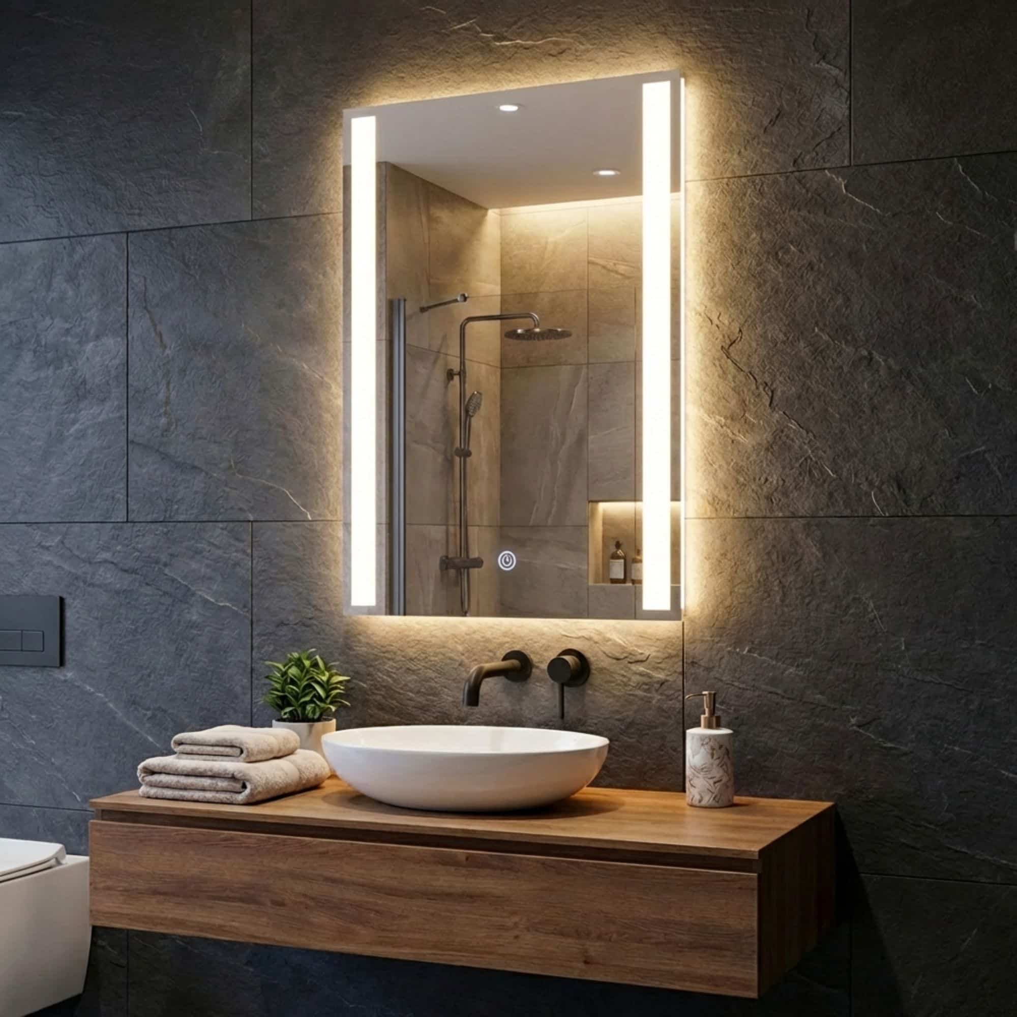 Badezimmerspiegel | Rechteckig | mit 2 LED-Streifen | 90 x 65 cm | Rahmenlos – Bild 8
