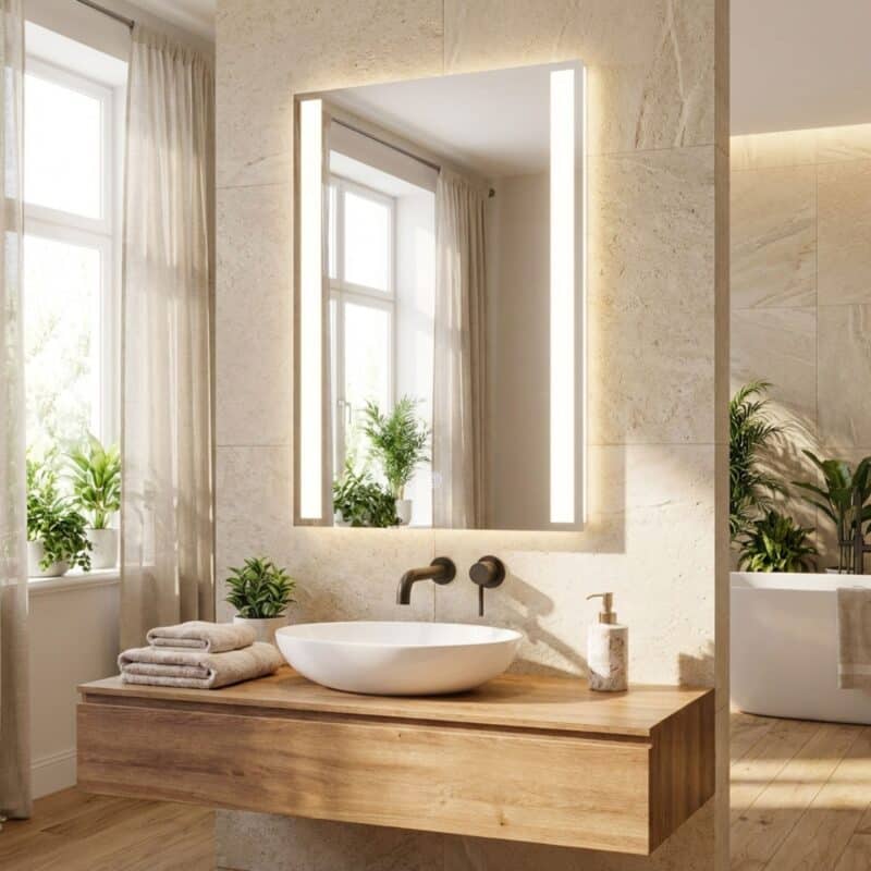 Badezimmerspiegel | Rechteckig | mit 2 LED-Streifen | 90 x 65 cm | Rahmenlos – Bild 9