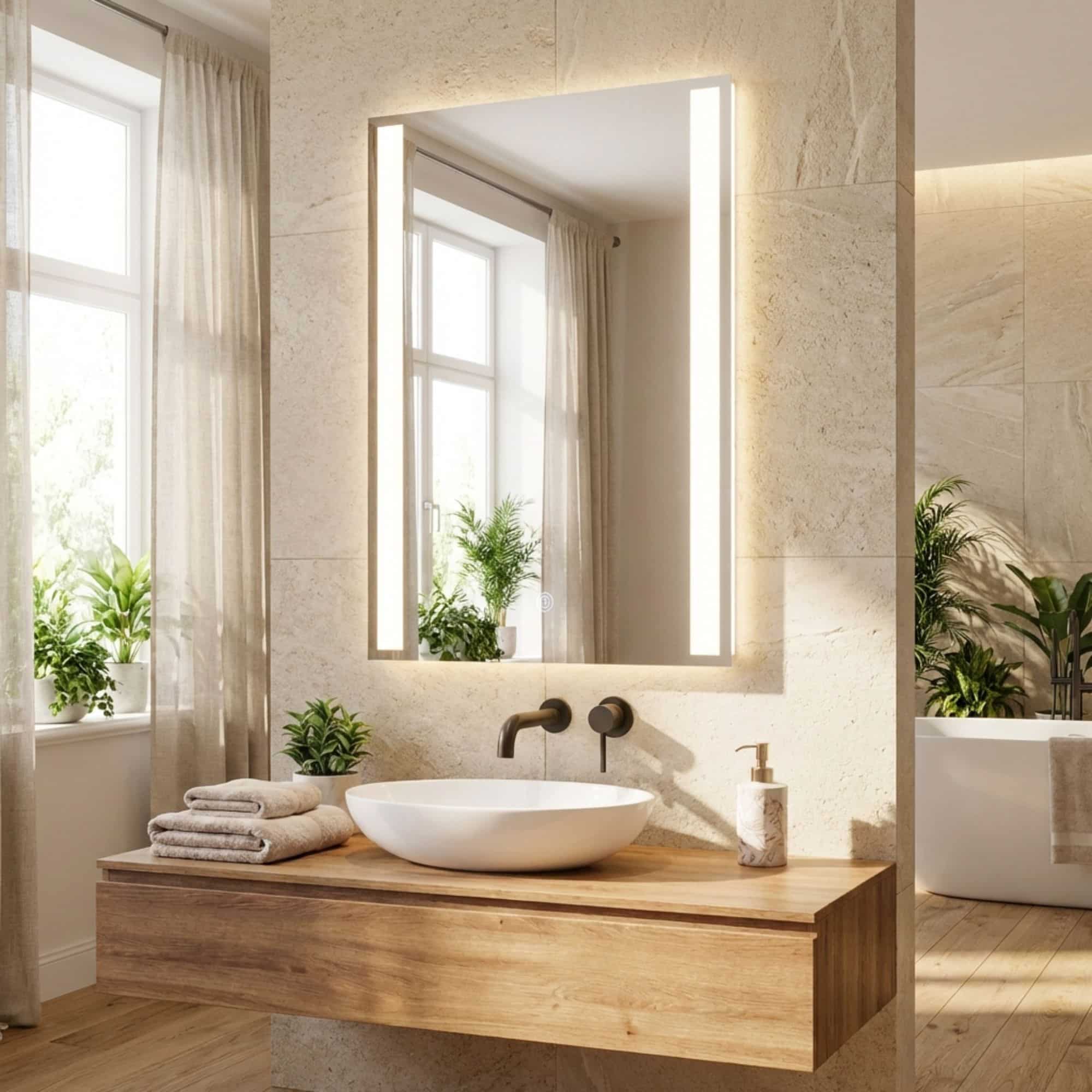 Badezimmerspiegel | Rechteckig | mit 2 LED-Streifen | 90 x 65 cm | Rahmenlos – Bild 9